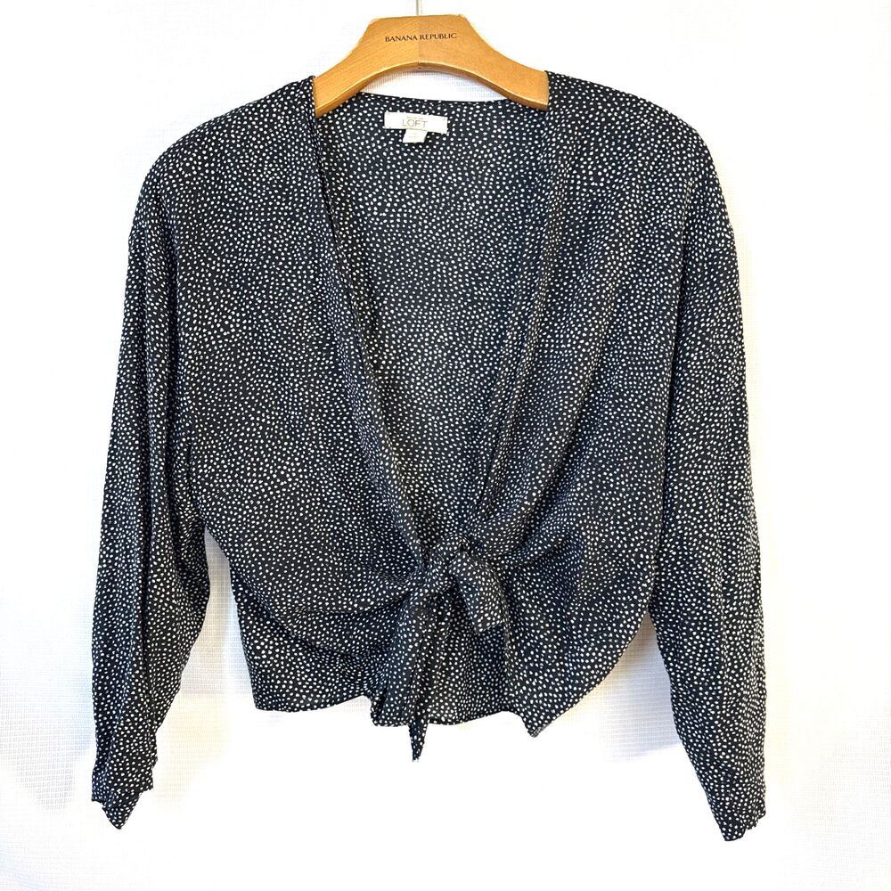LOFT Black & White Dot Long Sleeved Tie Front Blouse - M - feminine classic